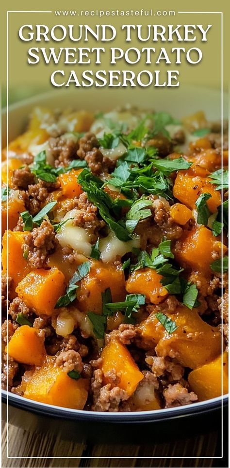 This Ground Turkey Sweet Potato Casserole is a comforting and healthy dish that combines ground turkey, sweet potatoes, black beans, and corn, all topped with melted cheese. It's packed with flavor and nutrients, making it a perfect weeknight dinner. Ground Turkey And Sweet Potato Recipe, Sweet Potato Ground Turkey, Ground Turkey Sweet Potato, Ground Turkey Casserole, Cholesterol Friendly Recipes, Baked Meals, Turkey Casserole Recipe, Ground Turkey Recipes Easy, Black Beans And Corn