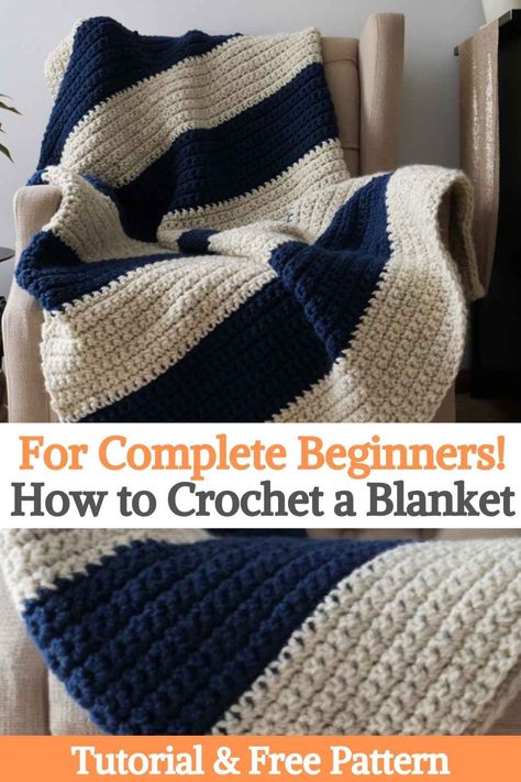 If you are new to crochet and looking for a first project, our beginner crochet blanket is a great place to start. Especially if you don't like scarves or kerchiefs. A blanket is a practical way to practice your skills because your family will be able to use it for many years. With this project you will be able to practice the fundamental skills of crochet; the running stitch to start the project and single stitch stitches throughout. Mastering these two stitches is a must for any... Crochet A Blanket, Baby Blanket Crochet Pattern Easy, Easy Beginner Crochet Patterns, Crochet Blanket Tutorial, Beginning Crochet, Home Made Simple, Crochet Afghan Patterns Free, Lion Brand Wool Ease, Crochet Stitches For Blankets