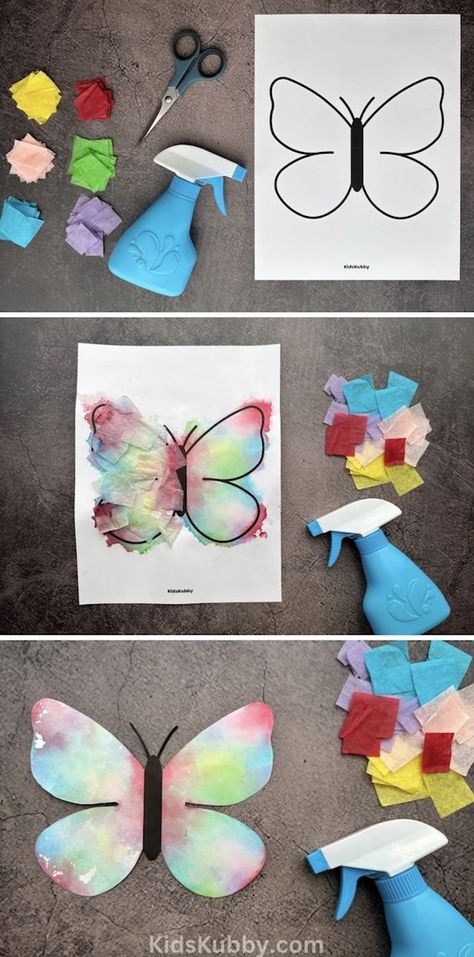 My daughter loves butterflies so I knew painting butterflies with tissue paper would be a hit. And boy was I right. This craft is fun, engaging, and comes out great every time. It was SO SATISFYING watching the colorful tissue paper bleed onto the butterfly printable. This is a fun paper craft for school, homeschool, and even Sunday school classes because it’s so cheap and easy to make! I've included a free printable of the butterfly, that's all you'll need is the tissue paper! Easy Crafts For 2 Year, 2 Year Crafts Toddlers, Homeschool Art Projects Kindergarten, Tissue Paper Activities For Kids, Preschool April Crafts, Easy Kids Crafts Paper, Tissue Paper Crafts For Toddlers, Preschool Art Theme, Kinder Arts And Crafts