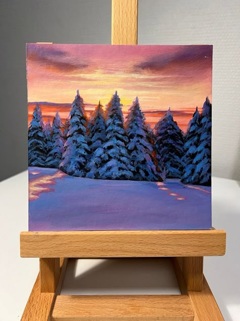 Winter Sunrise Painting, Paintings For Grandma Canvases, Mini Canvas Art Fall, Painting Ideas To Gift Someone, Cute Paintings Acrylic, Canvas Square Painting, Seasons Paintings On Canvas, Winter Owl Painting, Canvas Painting Ideas For Home Decor