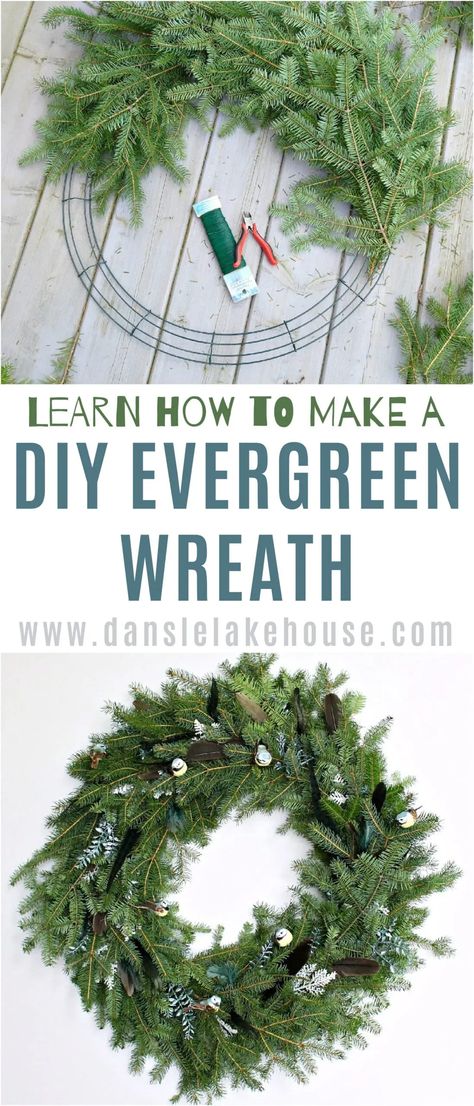 Learn how to make a DIY evergreen wreath. Make easy evergreen wreaths for Christmas. Evergreen wreaths for Christmas DIY tutorial. Add feathers and glittery picks to make a one of a kind evergreen wreath DIY. Evergreen wreath DIY decorating ideas. Simple evergreen wreath DIY idea. Fresh Pine Wreath Diy, Diy Fresh Greenery Wreath, Diy Christmas Reefs, Fresh Evergreen Wreaths, Dyi Outdoors Wreath, Live Evergreen Wreath, Christmas Reef, Outdoor Christmas Wreaths, Cedar Wreath