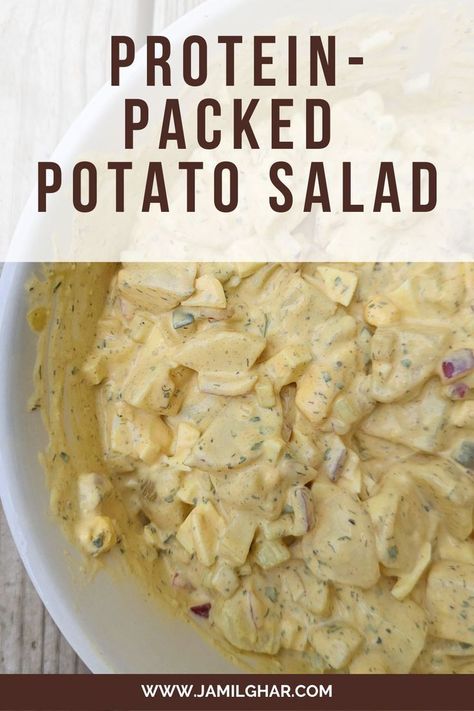 Bright yellow potato salad in a serving bowl. Protein Potato Salad, High Protein Potato Salad, Boiled Potatoes Recipe, Recipe With Greek Yogurt, Healthy Potato Salad Recipe, Fingerling Potatoes Recipes, Healthy Potato Salad, Yogurt Diet, Homemade Potato Salads