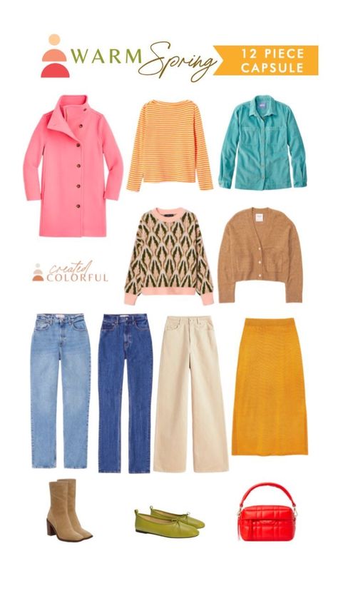 True Spring Palette, Warm Spring Palette, Warm Spring Color Palette, True Spring Color Palette, Warm Spring Outfits, Created Colorful, True Spring Colors, Light Spring Colors, Capsule Wardrobe Women