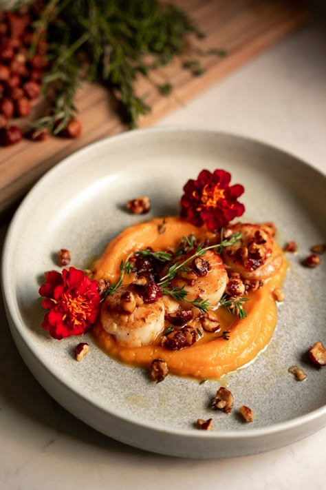 Seared Scallops with Butternut Squash and Hazelnuts — Freddie Cipoletti Butternut Squash And Scallops, Butternut Squash Scallops, Scallops With Butternut Squash Puree, Butternut Squash Puree Recipes Dinners, Easy Light Dinner, Butternut Squash Noodle, Fresh Scallops, Butternut Squash Puree, Cut Butternut Squash