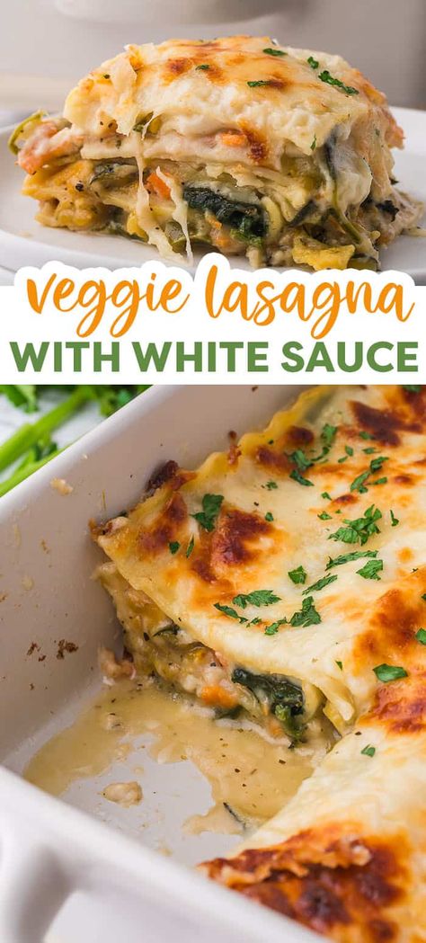 This Vegetable Lasagna with White Sauce is a cheesy, saucy way to get the family excited for veggies! Layers of lasagna noodles, plenty of tender vegetables, and a rich, creamy white sauce make this veggie lasagna a favorite! Vegetable Lasagne With White Sauce, Veggie Lasagna With White Sauce, Veg Lasagna Recipe, Vegetable Lasagna With White Sauce, Lasagna With White Sauce, White Lasagna Recipe, White Sauce Lasagna, Easy Vegetable Lasagna, Veggie Lasagna Recipe