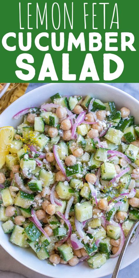 Sides With Cucumber, Cold Salads For Lunch Easy Recipes, Last Minute Side Dishes Parties, Small Side Salad Ideas, Herby Cucumber Salad With Feta And Chickpeas, Cucumber Pea Salad, Healthy Lunch Party Ideas, Easy Cold Side Dishes For Bbq, Greek Cucumber Salad Feta