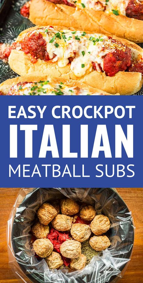 Crockpot Meatball Subs -- these easy crockpot meatball subs are a hearty weeknight meal idea, made simple thanks to your slow cooker! Uses frozen meatballs in a chunky homemade marinara sauce, topped off with ooey-gooey melted mozzarella cheese... | crockpot meatball subs | easy meatball subs | baked meatball subs | meatball subs recipe | crockpot italian meatballs Subway Meatball Marinara Recipe, Meatball Subs Frozen Meatballs, Subway Meatball Sub Recipe, Crockpot Meatball Subs, Slow Cooker Frozen Meatballs, Best Crockpot Meatballs, Italian Meatball Subs, Frozen Meatballs Crockpot, Crockpot Meatball