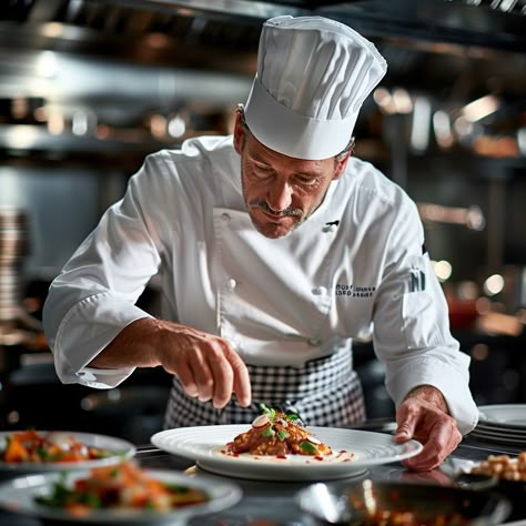 "Chef Plating Dish: Skilled #culinaryartist in a professional #chefslife carefully plates a gourmet dish, focusing on perfect #fooddpresentation. #gastronomy #finecuisine #gourmetart #platingart #finedining #aiart #aiphoto #stockcake ⬇️ Download and 📝 Prompt 👉 https://stockcake.com/i/chef-plating-dish_858361_797009". Chef In Kitchen, Dessert Duo, Chef Plating, Chef Pictures, Hotel Chef, Chefs Plate, Cooking Photography, Office Interior Design Modern, Chef Cooking