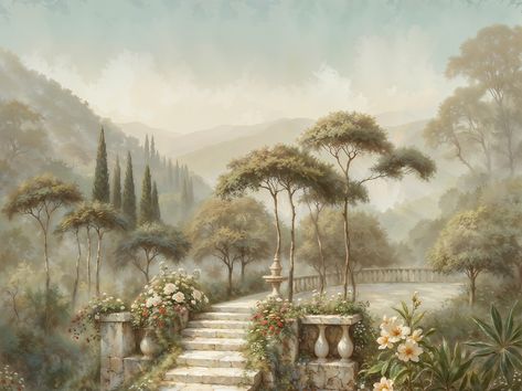 Serene Vintage Garden Landscape (3) | Images :: Behance Mural Landscape Wall Art, Stone Terrace, Indian Wedding Invitation Card Design, Distant Mountains, Set Design Theatre, Ancient Stone, Wedding Invitation Card Design, Wedding Illustration, Embrace It