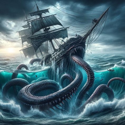 Kraken #KrakenAttack #SeaMonster #NauticalNightmare #MythicalKraken #MaritimeMyth #OceanicTales #LegendaryBeast #TerrorOfTheDeep #SailingInPeril #CreatureOfTheDeep #ai #aiart #aiartwork Sea Monsters Art, Sea Monster Art, Free Fall Wallpaper, Gothic Living Room, Pirate Ship Art, Descendants 4, Sky And Water, Old Ship, Monsters Art