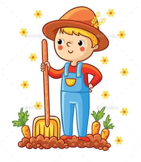 A young farmer in a garden with a carrot. The boy grows vegetables. Vector illustration with a farmer, shovel and carrots. Young Farmers, Children's Garden, Drawings For Kids, A Farmer, Art Drawings For Kids, Lessons For Kids, Kids Art Projects, 1 800, Shovel