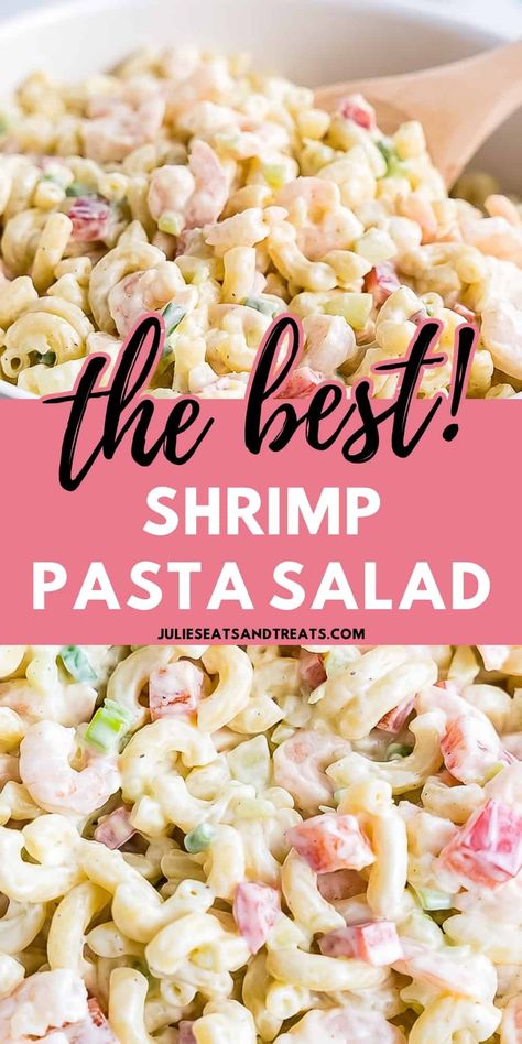 Looking for a dish that's easy to make, bursting with freshness, and oh-so-tasty? Look no further than this Shrimp Macaroni Salad! Cook up some elbow macaroni, mix it with crisp celery, colorful red bell pepper, green onion, and juicy salad shrimp. Then, let the magic happen as you coat it all in a creamy dressing with a tangy kick. Prepare it ahead of time for the best flavors. Trust us, this salad will become your new go-to pasta salad recipe! Pasta Shrimp Salad Recipes, Pasta Shrimp Salad, Shrimp Macaroni Salad, Shrimp Macaroni, Salad Shrimp, Creamy Salad, Shrimp Pasta Salad, Seafood Salad Pasta, Crab Pasta