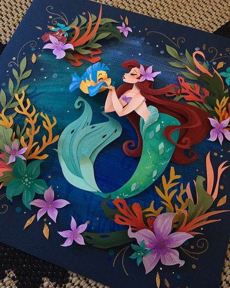 Ariel from the Little Mermaid paper art Water Paper Art, Disney Paper Art, Ariel Aesthetic, Paper Mermaid, Cut Paper Art, Paper Art Sculpture, Paper Art Design, Cut Out Art, Paper Cutout Art