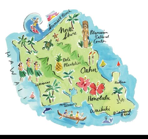 Oahu Hawaii Map Illustration, Hawaii Doodles, Hawaii Map, Hawaii Drawing, Hawaii Oahu, Honolulu Hawaii Aesthetic, Oahu Hawaii Map, Hawaiian Islands Map, Oahu Map