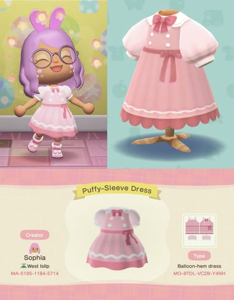 Animal Crossing: Pocket Camp/New Horizons - Puffy-Sleeve Dresses Custom Designs Pocket Camp Custom Designs, Acnh Chrissy And Francine, Animal Crossing Pink Outfit, Fnaf Acnh Codes, Cute Animal Crossing Outfit Codes, Acnh Pink Outfit, Meringue Animal Crossing, Animal Crossing Cute Designs, Animal Crossing Reneigh