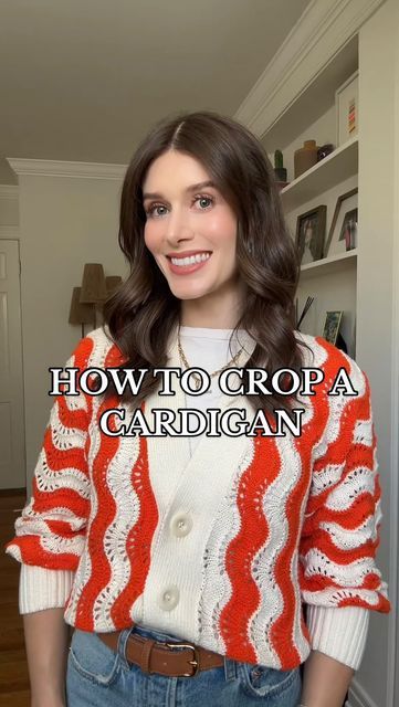 Rebecca Kahane Pankow on Instagram: "How to crop a cardigan. Will you be trying this #hack ?" Crop Cardigan Hack, How To Crop A Cardigan, How To Crop A Sweater, Button Cardigan Outfit, Cropped Cardigan Outfit, Outfits Hacks, Shirt Hacks, Smart Dressing, Teacher Clothes