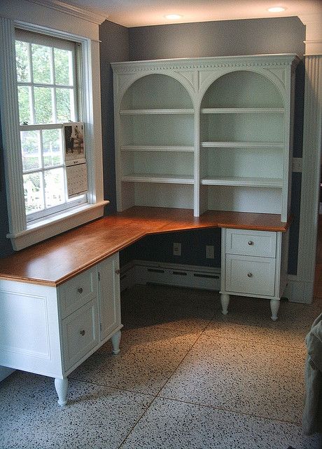 Craft Library Room, Creative Desk Ideas, Bookcase Desk Combo, Tiny Craft Room, Bookcase And Desk, Two Desks, Craft Room Desk, Window Seat Ideas, Tiny House Furniture