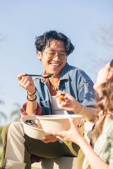 model eating a healthy bowl with friend Eating Photography People, Eating Lifestyle Photography, Model Food Photography, People Sharing Food Photography, Healthy Photography Lifestyle, Food Photoshoot Model, Picnic Lifestyle Photography, Food Festival Photography, Food Model Photoshoot