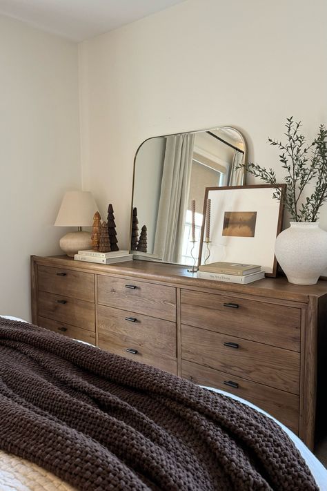 Large Bedroom Dresser Ideas, Grey Bedroom Set Ideas, Dark Bedroom Dresser, His And Hers Dresser, Bedrooms With Dressers, Dark And Light Bedroom Furniture Mixed, Bedroom Decor Storage, Bedroom Inspo Master, Vintage Organic Modern Bedroom