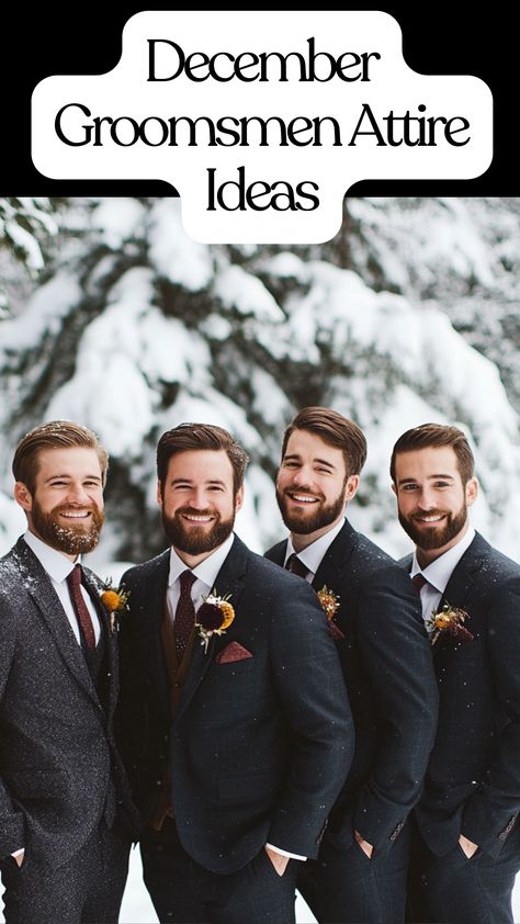 December groomsmen attire ideas for winter weddings. Groom Christmas Wedding Attire, Winter Groomsmen Attire, Groomsmen Sweaters, Winter Wedding Groom Attire, Bridesmaid And Groomsmen Colors, Winter Wedding Groomsmen, Winter Wedding Groom, Mismatched Groomsmen, Groomsmen Attire Ideas