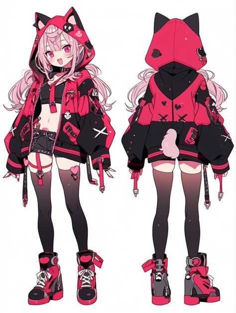 Anime Stockings Outfit, Hoodie Design Drawing, Vtuber Outfits, Kawaii Cyberpunk, Vtuber Outfit Ideas, Vtuber Design, Drawing Anime Clothes, Clothing Design Sketches, Stockings Legs