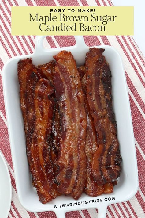 Candied bacon stacked together in a baking dish. Maple Pepper Bacon, Maple Brown Sugar Bacon, Carmelized Bacon, Maple Bacon Recipes, Brunch Sandwiches, Candied Bacon Recipe, Oatmeal Biscuits, Melissas Southern Style Kitchen, Sausage Quiche