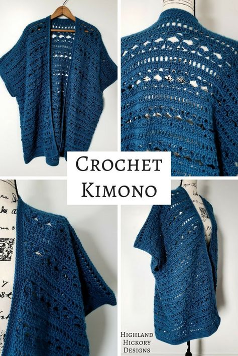 Crochet the Water's Edge Kimono with this free pattern. The perfect layering piece for your wardrobe, this Kimono is simple in construction of 3 rectangular panels. There is a photo stitch tutorial included. Pattern includes sizes S, M, L, XL, 2XL, 3XL. #crochet #freecrochetpattern #kimono #kimonopattern Crochet Kimono Pattern, Women Kimono, Crochet Kimono, Photo Stitch, Gilet Crochet, شال كروشيه, Black Crochet Dress, Crochet Sweater Pattern Free, Crochet Cardigans