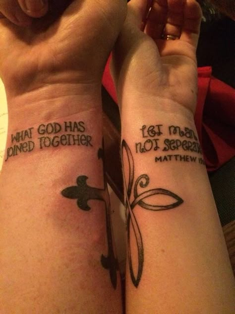 Guide Me Hold Me Tattoo Couple, Tattoos Married Couples, What God Has Joined Together Tattoo, Matching Scripture Tattoos, Couples Small Matching Tattoos, Mark 10:9 Tattoo Couple, Matching God Tattoos, Matthew 19:6 Tattoo, 444 Meaning Tattoo Couples