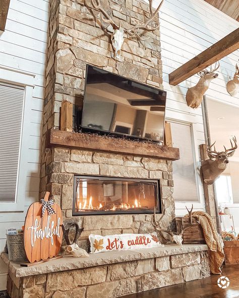 Farmhouse Fireplace Ideas -ourdeerfarmhouse Entertainment Fireplace, Rustic Fireplace Mantle, Rustic Kitchen Sinks, Diy Stone Fireplace, Tv Surround, Stone Fireplace Ideas, Autumn Mantel, Wooden Fireplace Surround, Best Fireplace