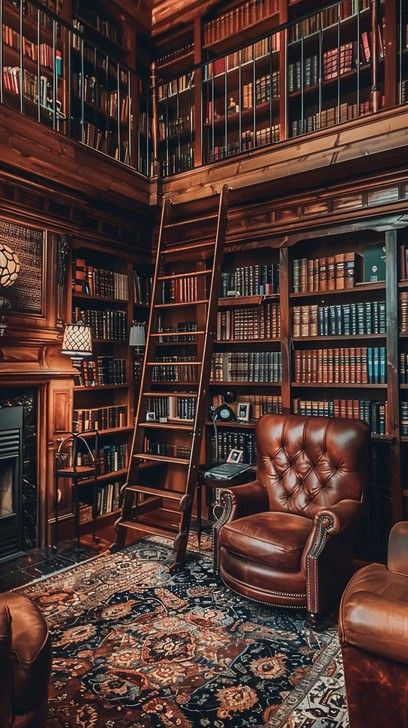 An elegant classic library filled with rich wooden bookshelves, a luxurious leather chair, and a vintage ladder. Two Story Library Room, Earth Tone Library, Wood Library Design, Dark Wood Library, Home Library With Ladder, Library Speakeasy, Old Money Library, Home Library Vintage, Wizards Library