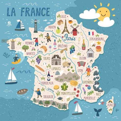 The Ultimate France Road Trip Itinerary - Follow Me Away French Landmarks, Map Of France, Gallery Wall Art Prints, Regions Of France, Travel Infographic, Illustrated Maps, Map Illustration, People Food, France Map