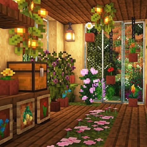 Minecraft Cute Builds House, Minecraft Living Room Aesthetic, Cute Minecraft Flower Shop, Minecraft Interior Design Fairy, Minecraft Hammock Bed, Minecraft Interior Design Cottagecore, Minecraft Sunroom Ideas, Minecraft Reading Corner, Cottagecore Minecraft House Interior Ideas