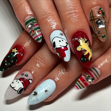 snoopy n woodstock christmas ⋆⁺₊❅.🎄 ib @nailsbysami_ 💕 medium almond gelx @apresnailofficial dm to book! limited availability for Dec ⭐️ • • • • • #snoopynails #snoopy #snoopynail #snoopynailart #handpaintednailart #nailart #browardnails #miaminails #christmasnails #christmasnailinspo #nailinspo #winternailart #christmasnailart #nails #kawaii #kawaiinailart #kawaiinails Snoopy Nails Christmas, Snoopy Nails, Woodstock Christmas, Nails Kawaii, Kawaii Nail Art, Miami Nails, Medium Almond, Painted Nail Art, Disney Nails