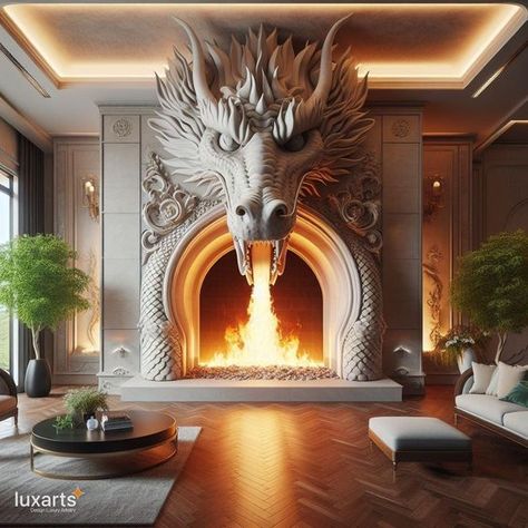 Dragon Fireplaces 🐲🔥🏰 #DragonBlaze #FantasyHearth #MedievalWarmth Transform your living space into a realm of fantasy with Dragon Fireplaces. These majestic hearths feature intricately designed dragon motifs, adding a touch of mythical charm to your home. Elevate your cozy evenings with Dragon Fireplaces, where every flicker of flame brings the magic of ancient legends to life. 🏰🌌🔥 Unusual Fireplaces, Dragon Fireplace, Magical Bedroom Ideas, Halloween Themed Bedroom, Gothic House Decor, Castle House Design, Dragon Ornament, Fantasy Furniture, Dragon House