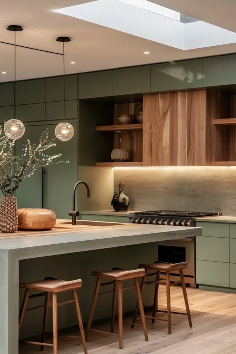 50+ Kitchens with Green Cabinets and Wood Accents Green Marble Wood Kitchen, Kitchen Interior Design Green, Modern Kitchen Design Green And White, Green White Timber Kitchen, Green Modern Kitchen Design, Idea For Kitchen Decoration, Green Color Scheme Kitchen, Green Wood Kitchen Cabinets, Green Natural Kitchen