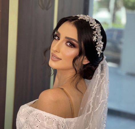 Wedding Hair Styles With Crown And Veil, Wedding Hairstyles Headband Half Up, Hair Styles For Tiara, Bride Bun Hairstyles With Veil, Bridal Hair Buns With Veil, Bride Updo With Tiara, Bride Tiara Updo, Bride Hairstyles Updo With Veil And Crown, Bridal Tiara With Veil Updo