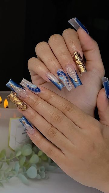 Blue Airbrush Nails, French Tip Nails Blue, Airbrush Nails, French Tip Acrylic Nails, Long Acrylic, Nails Blue, January 4, Short Acrylic, Tip Nails