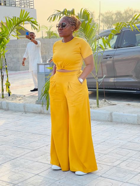 Crop top and a palazzo pants Crop Top Two Piece Outfits, Palazzo Pant With Crop Top, Trouser Top Outfit, Pallazo And Crop Top Outfit, Chiffon Two Piece Set Pants, Pallazo Trouser With Top, Ankara Crop Top And Palazzo Pants, Up And Down Palazzo Outfit, 2 Piece Outfit Set Pants Crop Tops