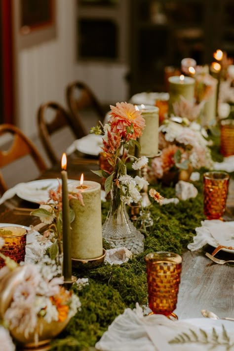 Unique Table Centerpieces Wedding, Whimsical Wedding Tablescape, Green And White Spring Wedding, Moss Table Scape, Moss Tablescape Wedding, Moss Wedding Table Decor, Moss Wedding Decor Forest Theme, Moss Table Runner Wedding, Wedding Moss Decor