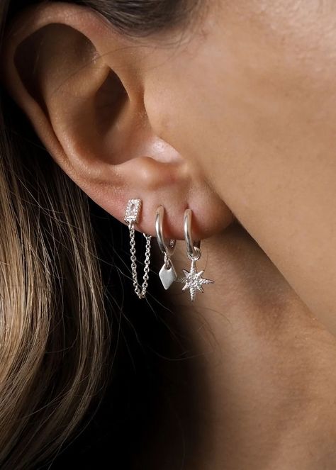 Silver Earrings Layered, Cute Ear Piercings Silver, Earring Styles Ideas Silver, Cute Earrings Aesthetic Silver, Chain Earings Piercings, Earring Curation Silver, Stacked Earrings Silver, Ear Piercings Silver Jewelry, Jewellery Inspo Silver