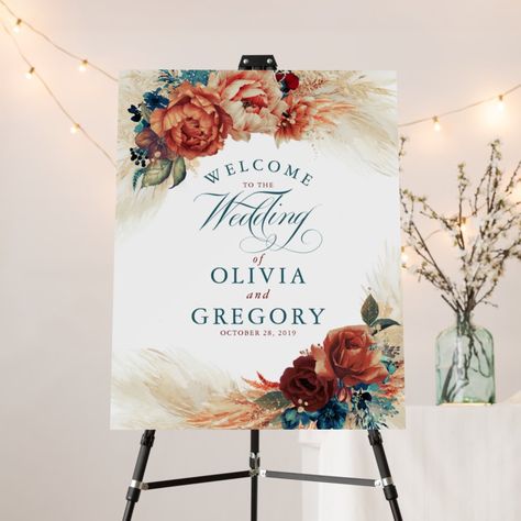 Fall Wedding Welcome Sign, Copper Wedding Theme, Navy Blue Terracotta, Teal Blue Weddings, Terracotta Flowers, Modern Fall Wedding, Rust Flowers, Navy Blue Wedding Theme, Floral Boho Wedding