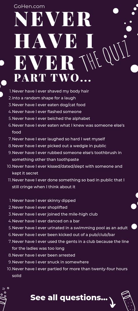 Never Have I Ever questions are a hilarious, entertaining and downright cheeky way to break the ice and get to reeaallllyyy know the people you're partying with.  #neverhaveiever #neverhaveieverquestions #hennightgames #henpartygames #hendogames #girlsnightgames #funnygirlsnightoutgames   Girls night out | Hen Party Games | Bachelorette games | Funny games | Never have i ever Girls Night Out Games, Never Have I Ever Questions, Teen Sleepover Ideas, Good Truth Or Dares, Girls Night Games, Sleepover Party Games, Teen Party Games, Drinking Games For Parties, Fun Drinking Games