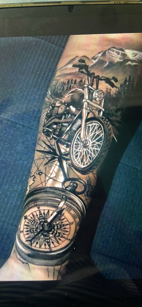 Biker Sleeve Tattoo, Motorcycle Sleeve Tattoo, Harley Motorcycle Tattoo, Moto Tattoo Ideas, Motorcycle Tattoos For Men, Harley Davidson Tattoos For Men, Motorcycle Tattoo Designs, Biker Tattoos Designs, Harley Davidson Tattoo