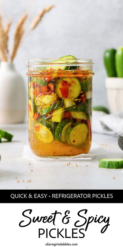 Quick Homemade Pickles, Refrigerator Pickles Recipe, Refrigerator Pickling Recipes, Half Sour Refrigerator Pickles, Homemade Spicy Pickles Recipes, How To Make Sweet Pickles, Fun Pickle Recipes, Spicy Sweet Pickles Recipe, Homemade Sweet And Spicy Pickles