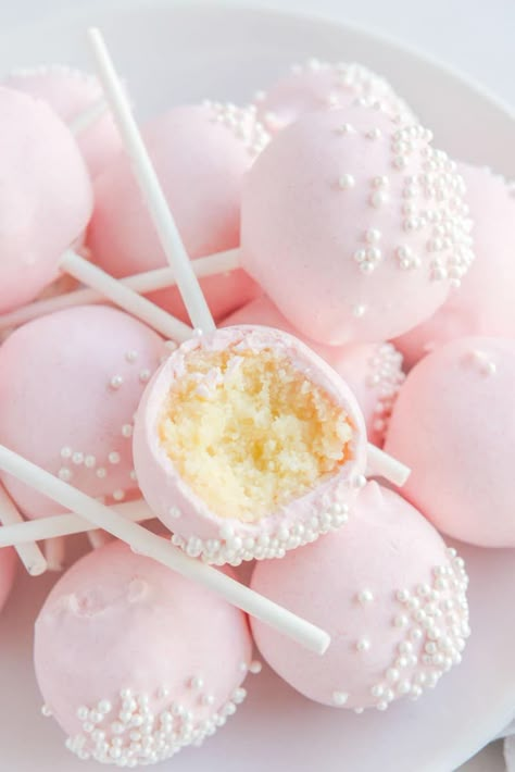 Starbucks Cake Pops - CopyKat Recipes White Cake Pops Recipe, White And Pink Cake Pops, Cake Pop Maker Recipes Babycakes, Pink Teddy Bear Cake Pops, Cake Pops No Frosting, Cherry Chip Cake Pops, Packaging Cake Pops, Pink Cakepops Ideas, Gender Neutral Cake Pops