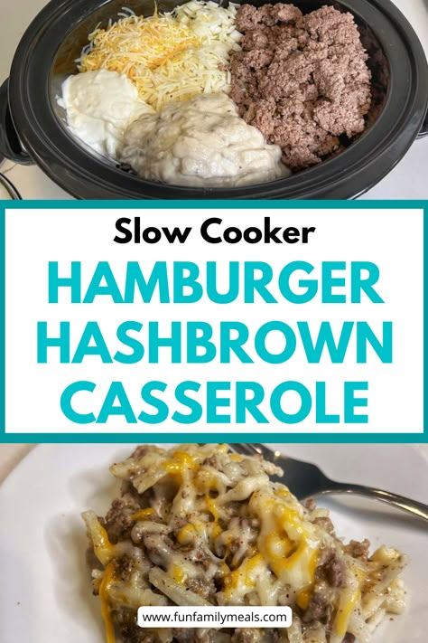 Crockpot Hamburger Hashbrown Casserole (also known as hamburger hash) is like a delicious serving of cheeseburgers and French fries, all in one bite (and pot). This easy family meal is easy to make and the perfect comfort food. Crockpot Cheeseburger Soup With Hashbrowns, Crockpot Hamburger Hashbrown Casserole, Crockpot Recipe With Hashbrowns, Shredded Hashbrown Recipes Crockpot, Crockpot Meals With Frozen Hashbrowns, Crockpot Hashbrown Casserole Ground Beef, Hashbrown Casserole Crockpot Easy, Hamburger Frozen Hashbrown Casserole, Hamburger Helper Hashbrown Casserole