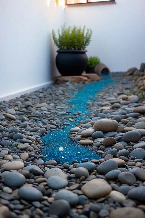 1.4.5-dry-river-bed-Blue-Serenity Diy Dry River Bed Landscaping Ideas, Rock River Bed Landscape Design, Hydrangeas And Hostas, Easy Diy Landscaping Ideas, River Bed Landscaping Ideas, Dry River Bed Landscaping, River Bed Landscaping, River Rock Decor, Easy Diy Landscaping