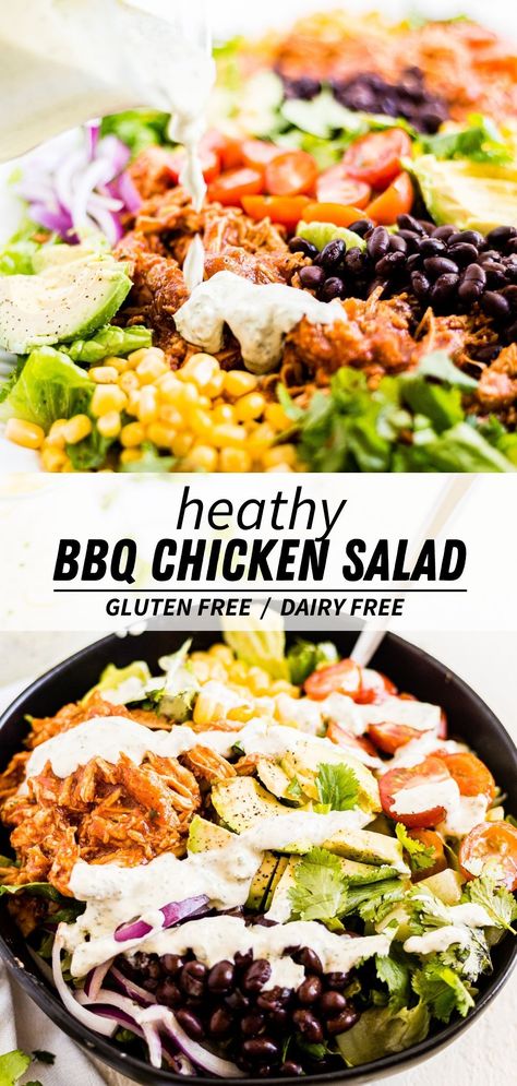 This healthy BBQ chicken salad is better than the restaurant! It includes classic southwest toppings and a creamy (dairy free) cilantro lime ranch that takes 5 minutes to make. Dairy Free Summer Dinner Recipes, Non Dairy Chicken Salad, Dairy Free Chicken Salad, Dairy Free Salad Recipes, Bbq Chicken Salad Healthy, Dairy Free Southwest Salad Dressing, Gluten Free Salad Recipes, Southwest Shredded Chicken Salad, Southwest Bbq Chicken Salad