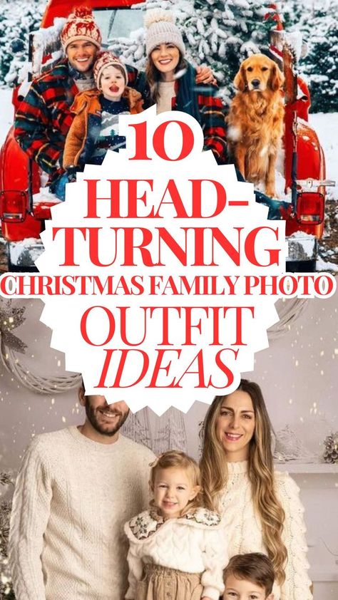 Christmas Outfit Ideas for the Perfect Family Photo - + the best tips on how to curate the perfect shot! Family Photo Sweaters, Christmas Card Clothing Ideas, Outdoor Christmas Outfits For Pictures, Christmas Photo Clothing Ideas, Christmas Coordinating Outfits, Red Truck Christmas Pictures Family Outfits, In Studio Christmas Family Pictures, Christmas Family Pics Outfit, Christmas Pictures Family Outfits Outside