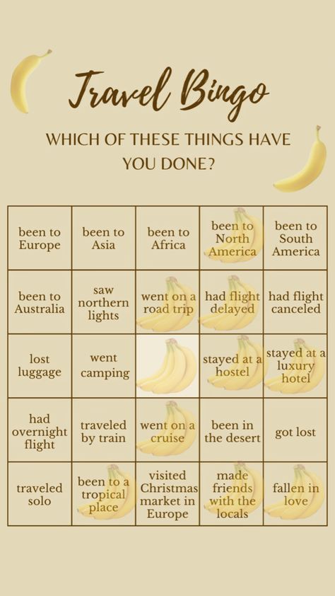 Travel Bingo🍌 Travel Bingo, Luxury Luggage, South Asia, Bingo, Road Trip, Train, Hotel, Travel